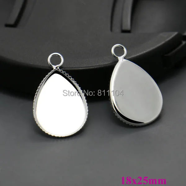 18x25mm New Silver tone Plated Copper Metal Blank Bases teardrop Bezel cups w/ a loop Cabochon Settings Pendant Blank Wholesale