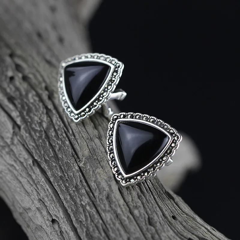 

KJJEAXCMY Wholesale 925 Sterling Jewelry Silver Retro Black Onyx Female Buckle Ear Cut Shipping