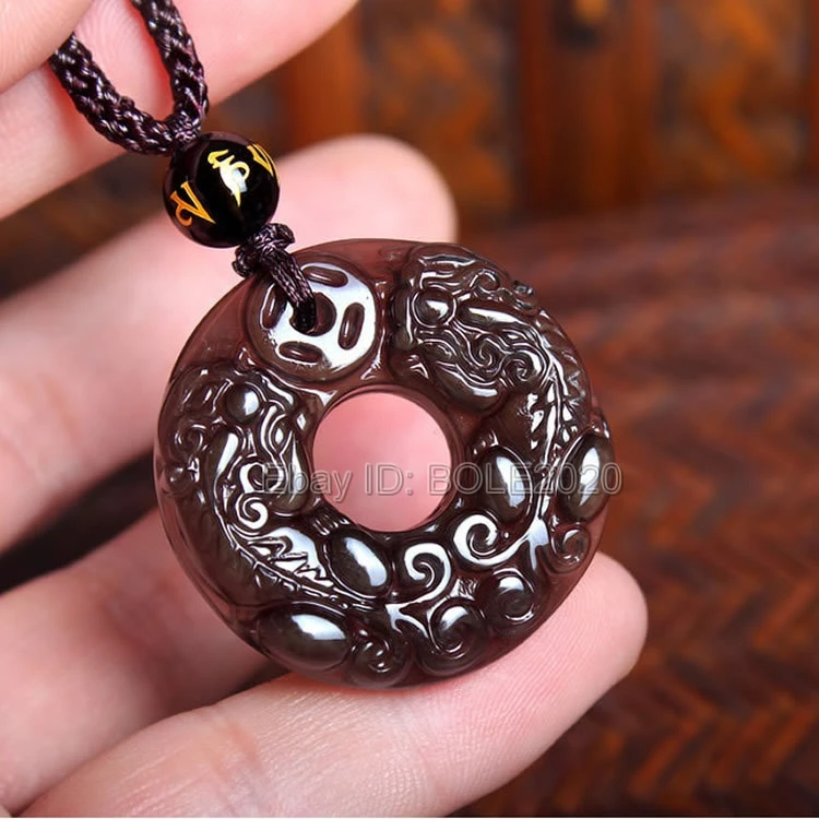 Genuine Natural Ice Clear Obsidian Carved Double PiXiu Coin Lucky Blessing Pendant + Black Beads Necklace Fashion Jewelry