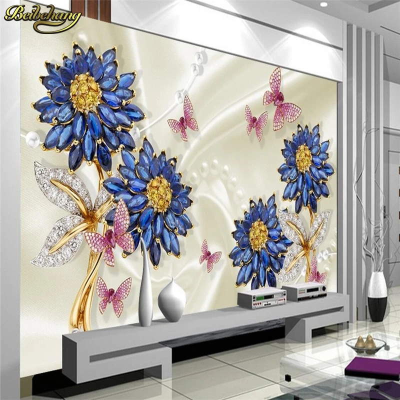 

beibehang Custom Photo Wallpaper Mural Wallpaper Crystal Sunflower Flower Butterfly Jewelery Background Wall papel de parede