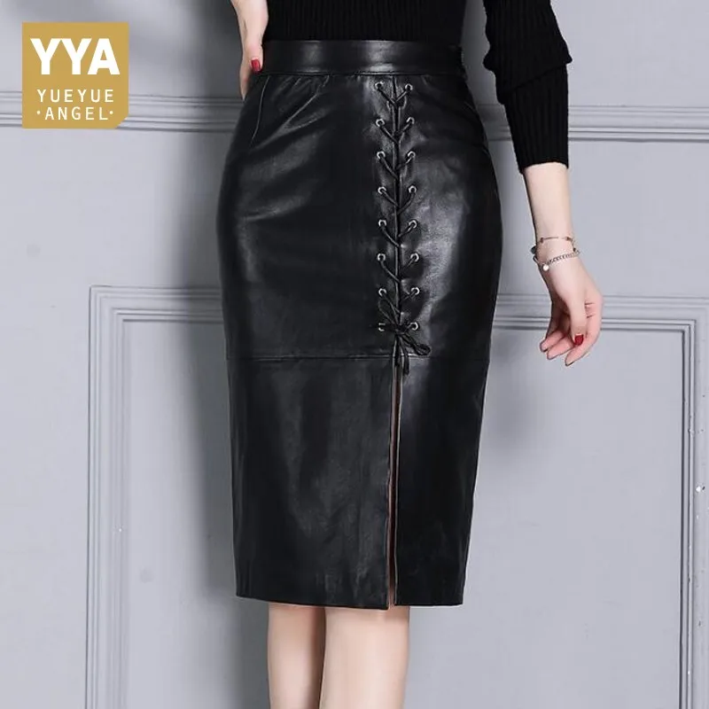 

Autumn Lace Up Front Women Knee Length Skirt Designer Black Sexy Slit Wrap Skirt High Waist Real Leather Skirt for Women