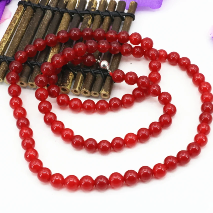 New fashion charms natural round red stone jades chalcedony 10mm beads long chain necklace for women gifts jewelry 34inch B3210