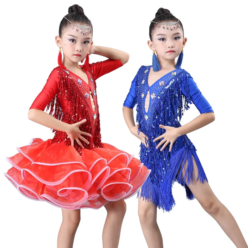 Kinder Latin dance kostüm mädchen pailletten flauschigen kleid wettbewerb kinder Latin dance kleidung ballroom dance kleider