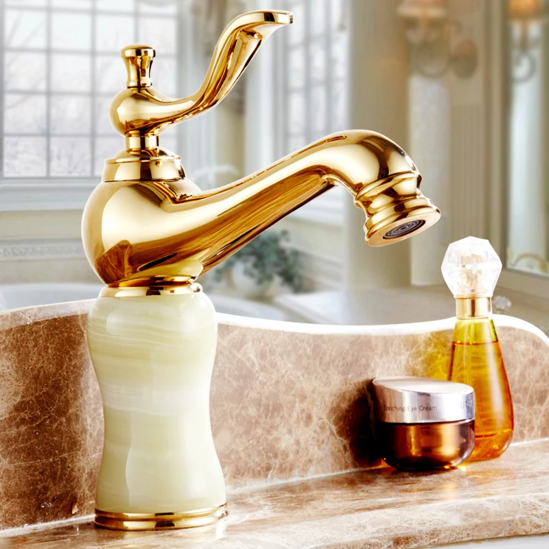 

European gold plated style basin faucet mixer tap hot and cold, Copper White jade marble wash basin faucet Whosale or retail