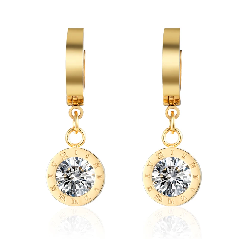 New Titanium Steel High Quality Beautiful Roman Numeral Gold Color Inlaid 6mm Drop Earrings For Women Best Earring Jewelry Gift image 3