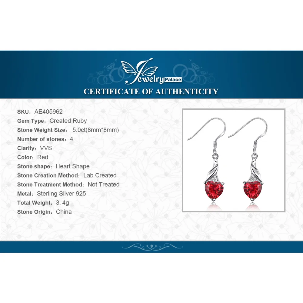 JewelryPalace Love Heart 5ct Created Red Ruby 925 Sterling Silver Drop Earrings for Women Gemstone Fine Jewelry Wedding Gifts