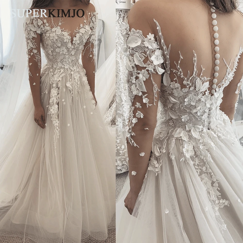 Superkimjo gelinlio 3d vestidos de noiva, vestido de casamento boho com apliques de renda de manga comprida 2020