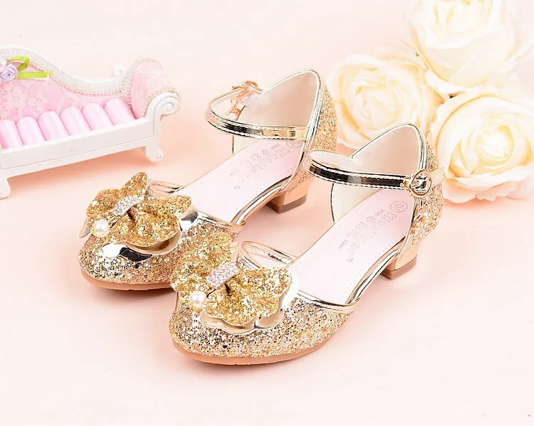 Summer girl shoes High Heels Princess Sandals Kids Wedding Beading Bowtie Shoes for Children Pink Gold Silver school dance shoe