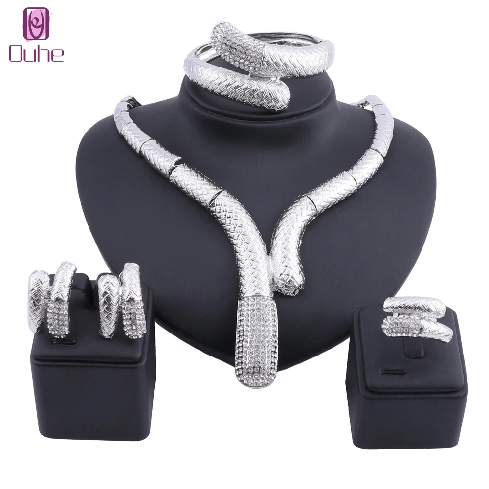 

Dubai Silver Color Crystal Jewelry Set Wholesale Nigerian Wedding Women Accessories Set Fashion African Beads Jewelry Set