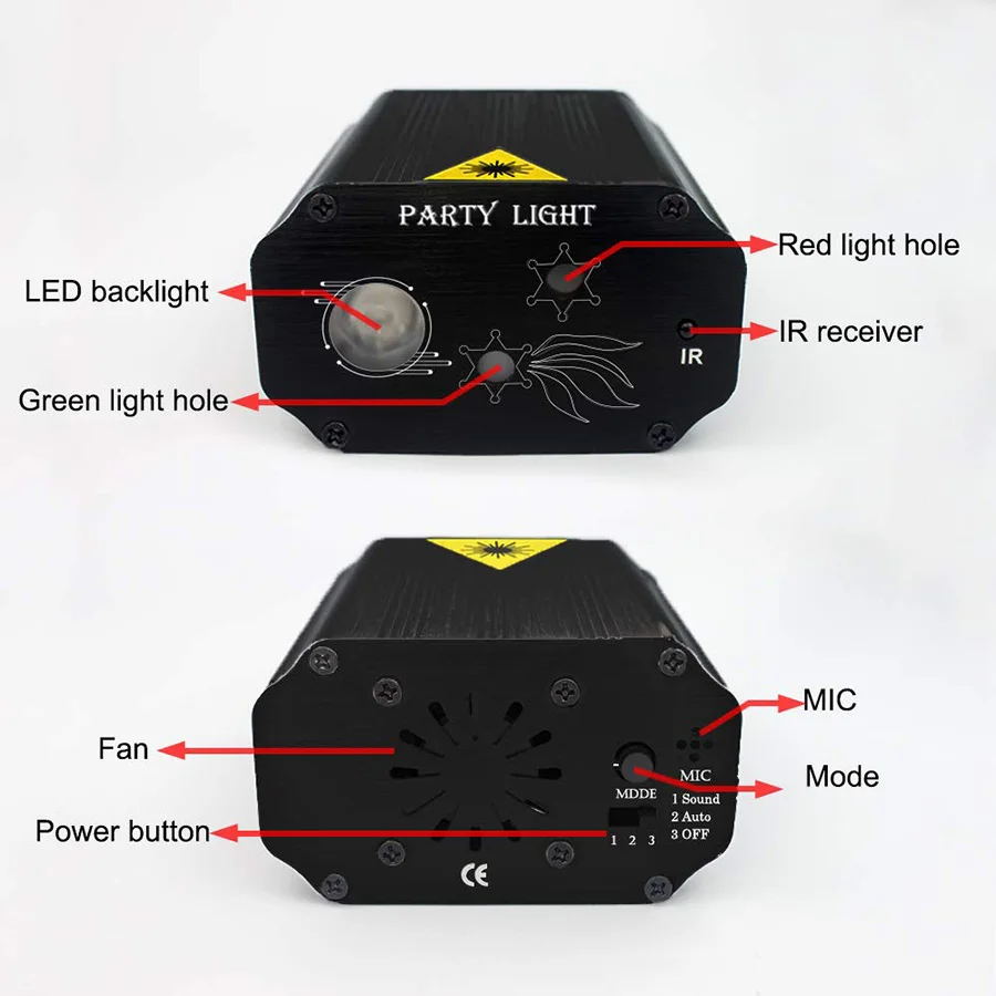 LED Club Disco DJ Party Light Red Green Laser Projector Lights with 16 Patterns Sound Control LED Xmas stage Projector Light