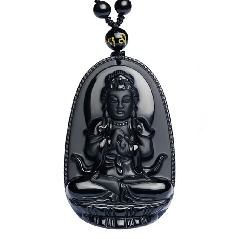 Natural Black Obsidian Carved Buddha Lucky Amulet Pendant Necklace For Women Men Pendant Jewelry Energy Stone Healing Reiki Gift