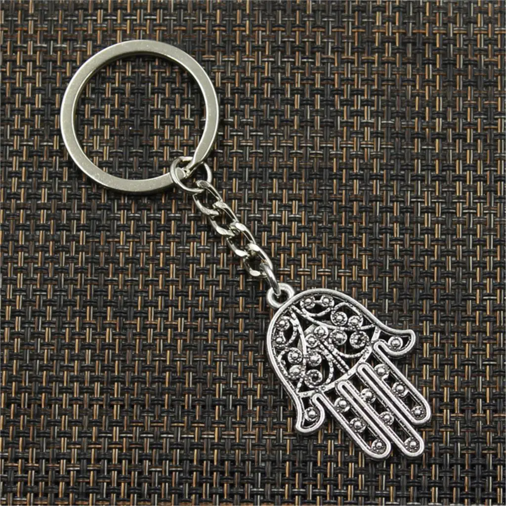 New Fashion Men 30mm Keychain DIY Metal Holder Chain Vintage Death Eye Hamsa Palm Fatima Hand 36x25mm Silver Color Pendant Gift