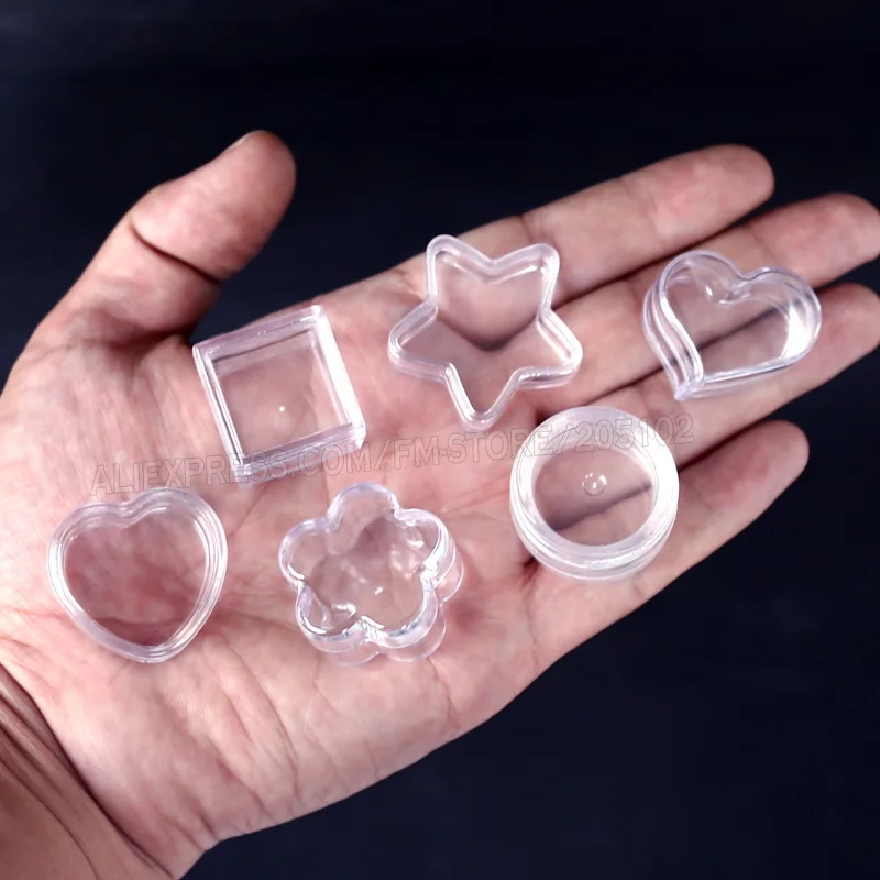 Clear Acrílico Nail Art Tiny Box, Estrela, Quadrado, Redondo, Coração Container para Perfume DIY Acessório, Jóias, Contas, Estojo De Armazenamento