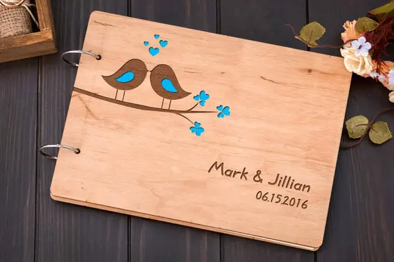 custom names date love birds on tree Rustic wedding guest album book engraved Wooden guestbooks Reception party decorations