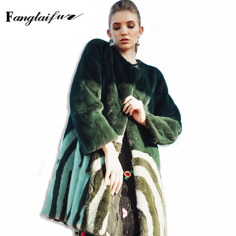 

Ftangaiur Winter Import Velvet Mink Fur Coat O-Neck Full Sleeve Striped Mink Coat Loss Women Medium Real Mink Fur Coats