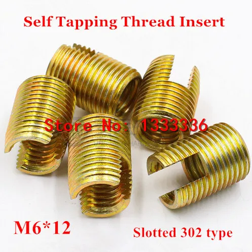 20pcs M6*1.0*12 (L) Self Tapping Thread Insert, 302 Slotted Type Screw Bushing M6 Steel with Zinc Wire Thread Repair Insert