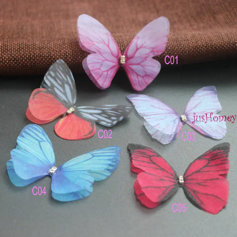 50PCS Colorful Organza Fabric Butterfly Appliques 60mm Translucent Chiffon Butterfly for Party Decor, Doll Embellishment