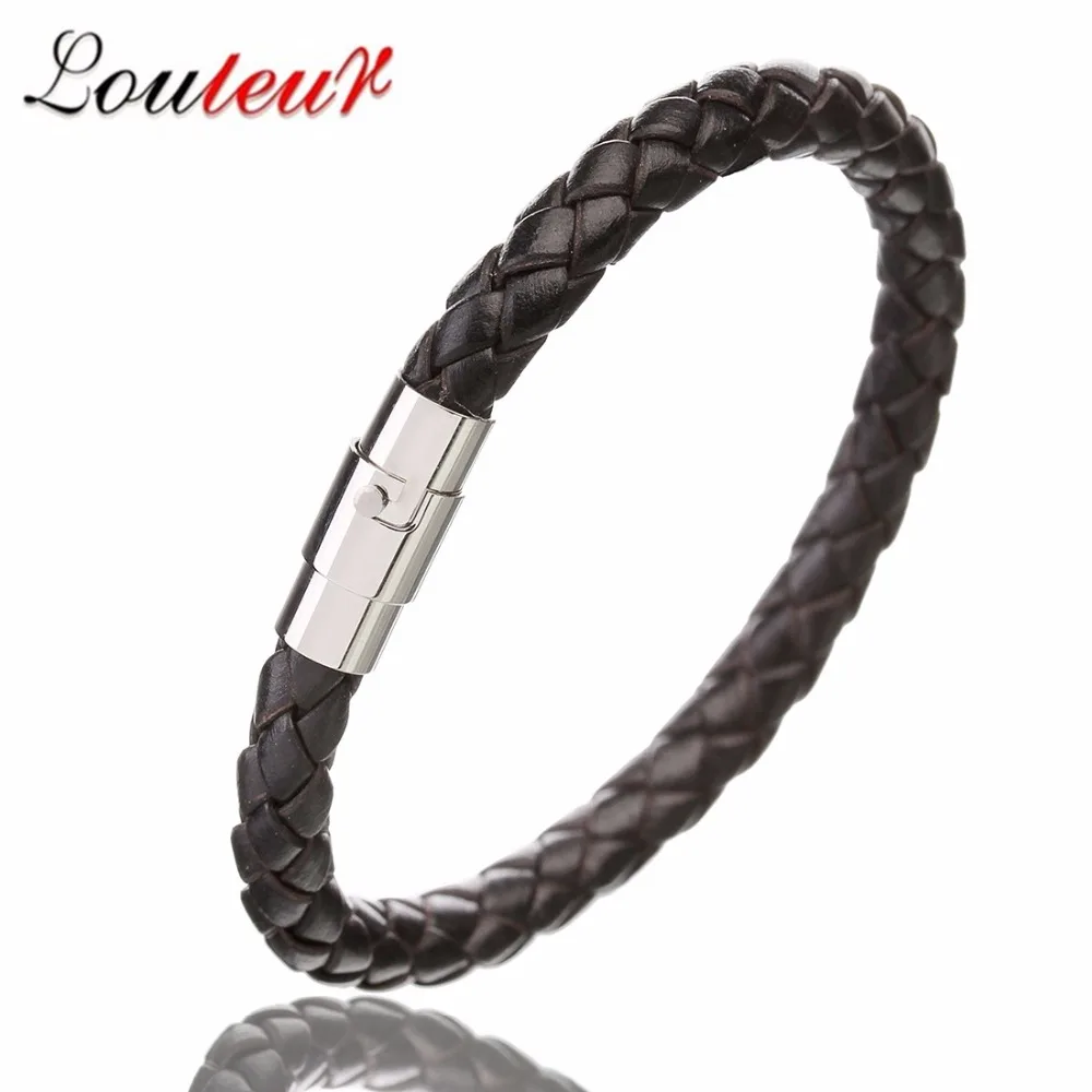 New Handmade Gold Color Vintage Men Leather Bracelets Stainless Steel Magnetic Clasp Braided Black Brown Male Bangles