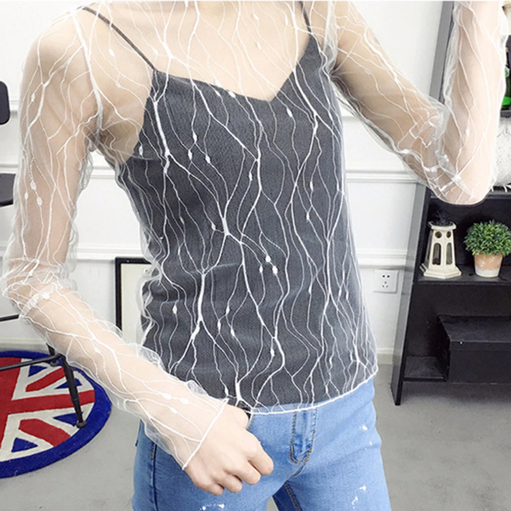 Sexy Striped Dot Print Embroidery Mesh Blouse Turtleneck Long Sleeve Shirts Hollow Out Lace Tops Polyester Mesh Shrt Perspective