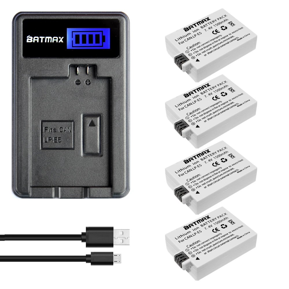 4Pack 1500mAh LP-E5 LP E5 LPE5 Batteries& LCD USB Chargerfor Canon EOS 450D 500D 1000D Digital KISS X2 X3 F Rebel XS T1i XSi