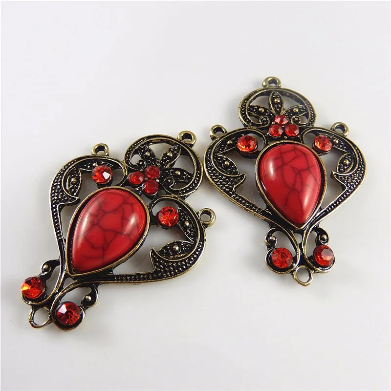 Julie Wang 4PCS Vintage Style Bronze Alloy Plated Red Charm Pendant Jewelry Connector Handmade Jewelry Accessory  46*35*8mm