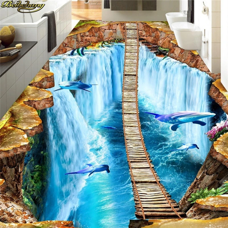 beibehang Custom wallpaper 3D self-adhesive PVC floor painting 3D large-scale waterfall dolphin 12 meters suspended ladder floor