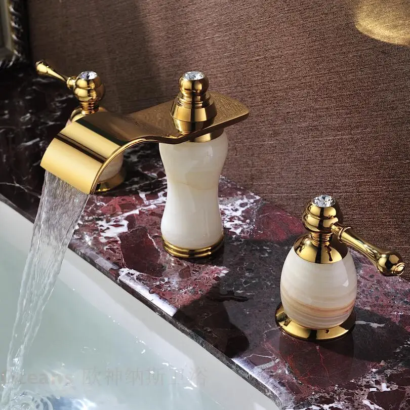 Bathroom Luxury Soild Brass Full Copper Golden FinisMarble Faucet Two dles Sitting Type Hot Cold Water Mixer Basin Tap