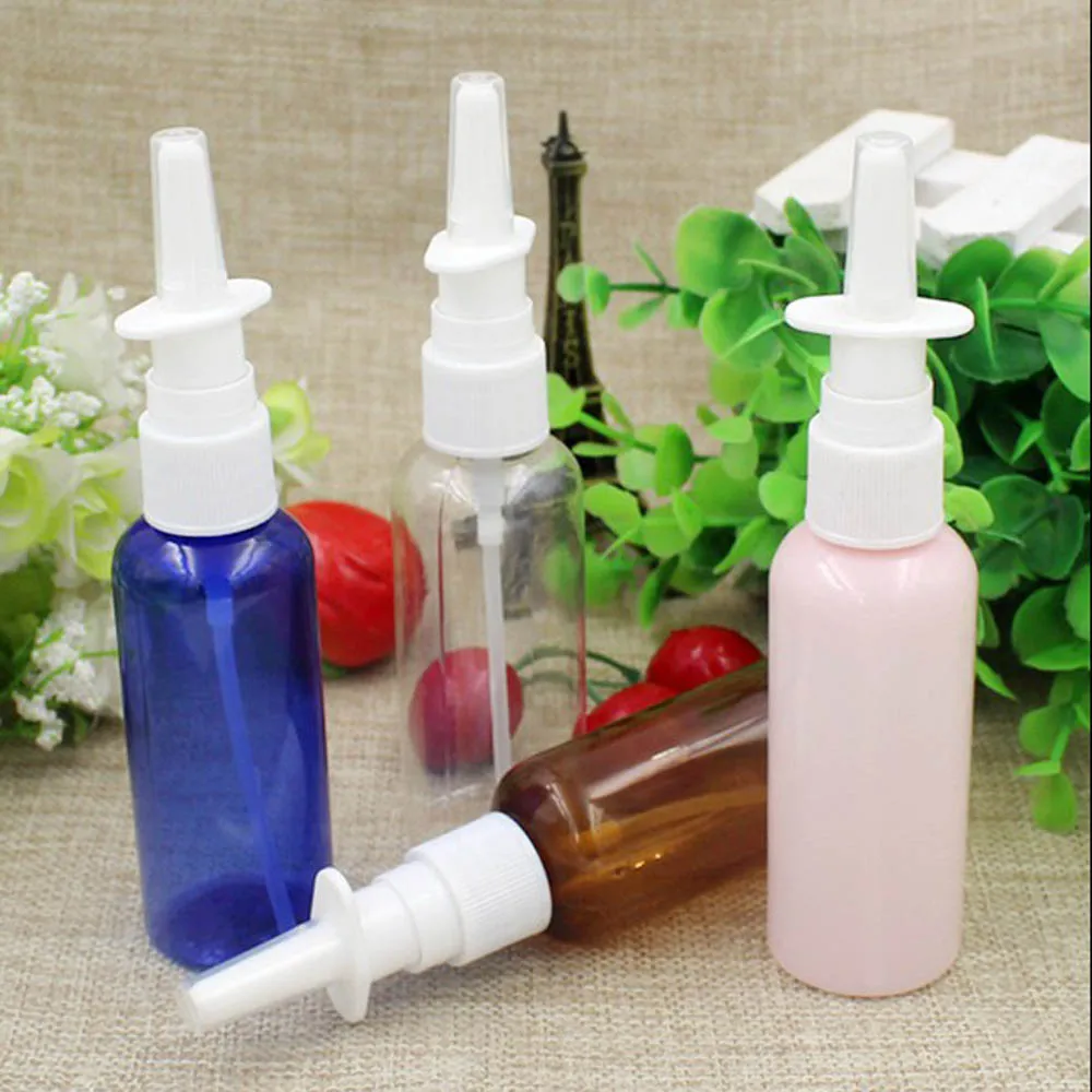 

50Pcs/Lot 50ml pink blue Transparent Brown Empty Plastic Nasal Spray Bottles pet Pump Sprayer Mist Nose Refillable Bottles