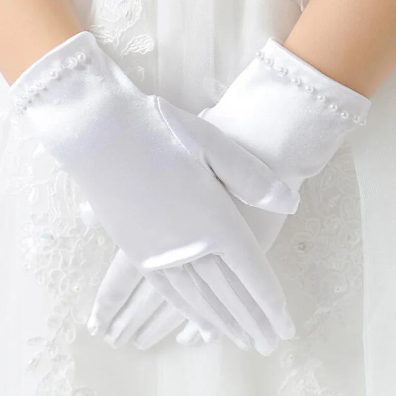 Kids Gift White Elastic Girls formal Etiquette Gloves Pearl Short Lace Bow Halloween Christmas Children Princess Dance Glove G64