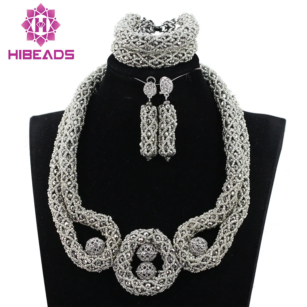 Trendy Lovers Gift Necklace Chunky Bib Silver Beads African Jewelry Sets Women Jewelry Set for Party Bride Free Shipping ABH314