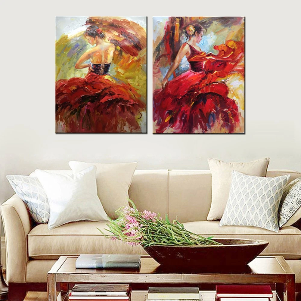 Handpainted Sexy Gypsy Girls Dance in Red Dress Portrait Art Knife Oil Canvas for Dining Room Restaurant Wall Decor Dropshipping