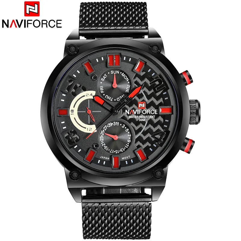 NAVIFORCEC Men 30M Waterproof Sport Watch Men\'s 24 Hour Quartz Watches IP Black Stainless Steel Mesh Band Auto Date Wristwatches