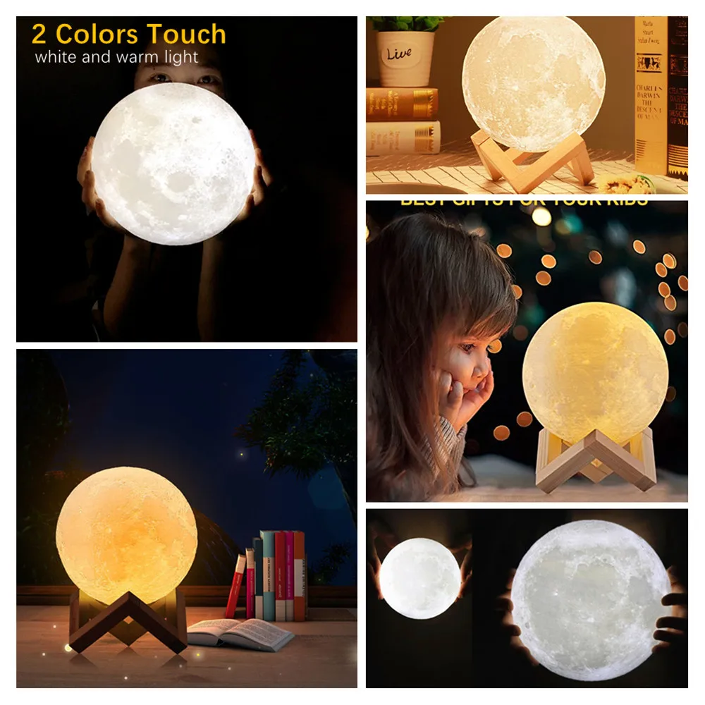 Lámpara de Luna 3D, luz nocturna impresa, Control remoto/Touch LED, bola de globo de luz de luna Lunar con Base de soporte de madera para dormitorio de niños