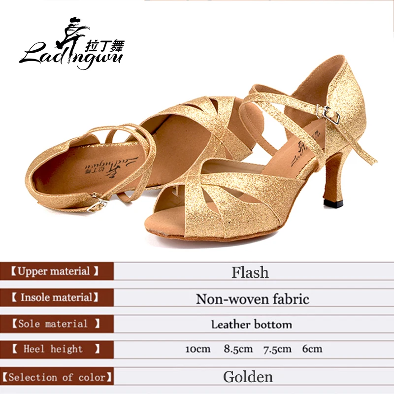 Ladingwu Flash Women'Sandals Golden Ballroom Waltz Party Dance Shoes Salsa Latin Dance Shoes Heels 6cm/7.5cm/8.5cm/10cm