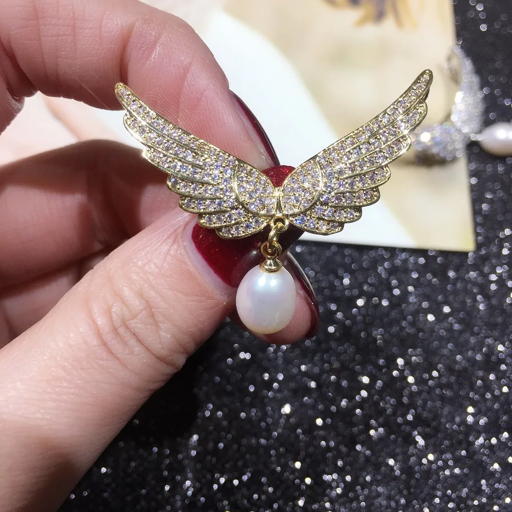 SHDIYAYUN 2019 New Big Sale Pearl Brooch For Women Noble Wing Brooches Pins Natural Freshwater Pearl Fine Jewelry High Quality