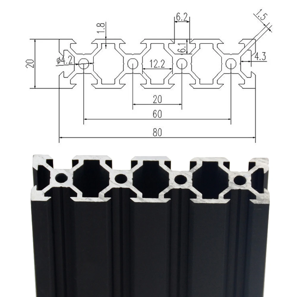 1PC 검정색 2080 V-슬롯 유럽 표준 양극 처리 된 알루미늄 프로파일 압출 CNC 3D 프린터 용 100-800mm 길이 선형 레일