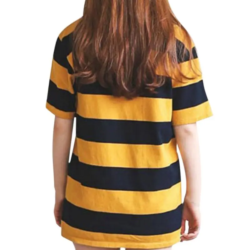 Women Yellow Black Stripes Short-sleeved T-shirt Girls O-Neck Casual Tops Summer Autumn Classic Shirts