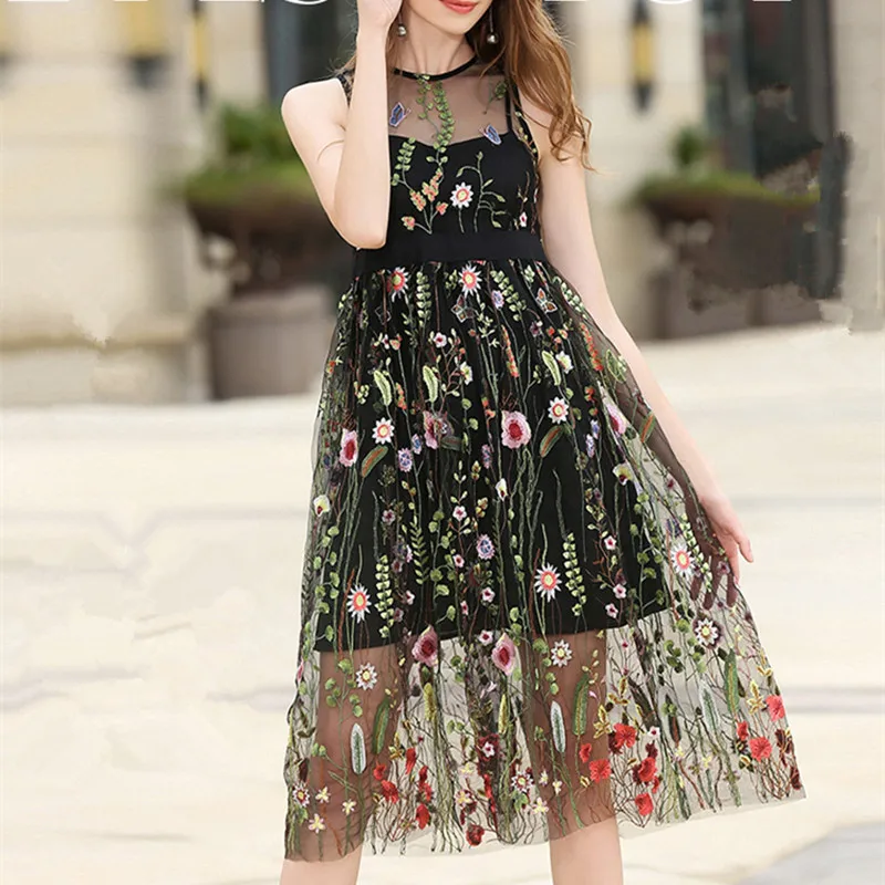 Mùa hè hoa thêu lưới bohemian phụ nữ đảng dress không tay a-line elegant dài đen trắng nữ casual bãi biển dresses