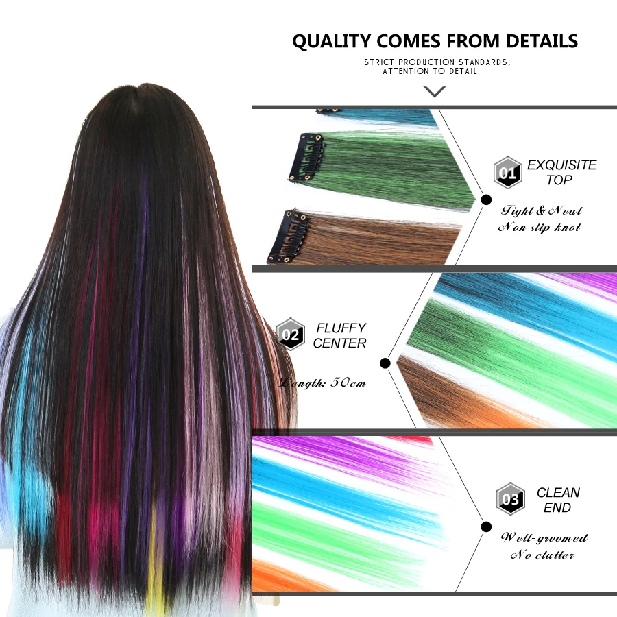 Extensiones de Cabello sintético con Clip para Festival, postizos rizados, rectos, de 20 pulgadas, con reflejos de arcoíris, 87 colores