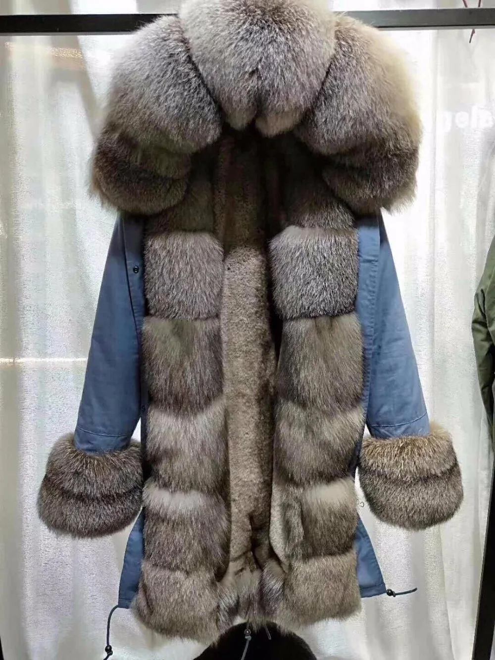 

Blue Cotton Long Parka With Natural Color Faux Fur Lining And Brown Fox Fur Trimming Plus Size Coat For Women&Men