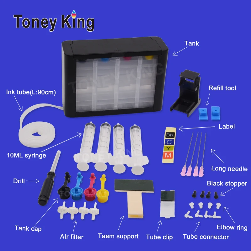 Toney King Ciss ink Tank Print Continuous System With Ink Tube for HP 122 122XL Deskjet 1000 1050 2000 2050s 3000 3050A 3052A