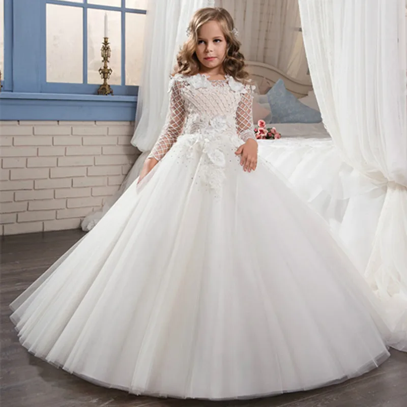 New White First Communion Dresses Girls Long Sleeves O-Neck Lace Ball Gown Flower Girl Dresses Weddings Christmas Dresses