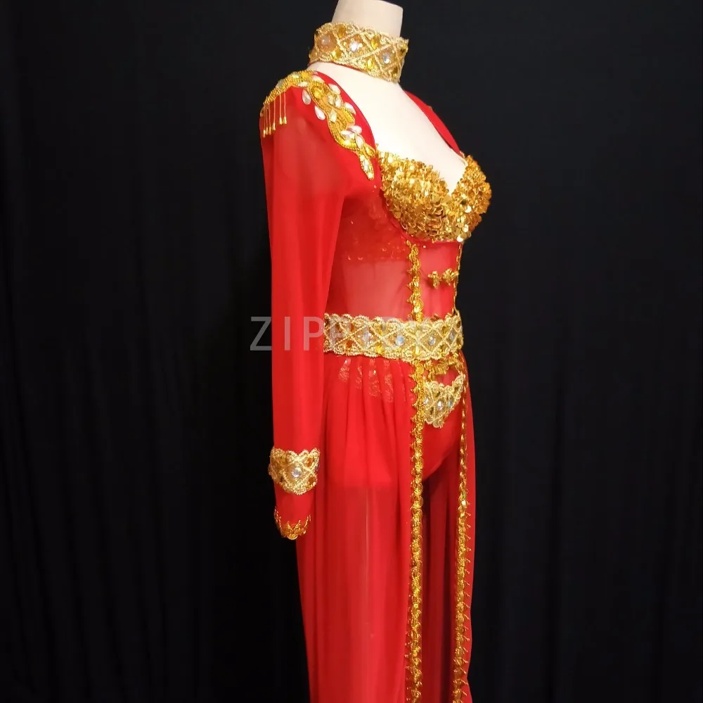 Women Fashion Dance Costume Red  Gold Bodysuit Skirt Stage Performance Two Pieces Outfit Female Singer Birthday Clothing