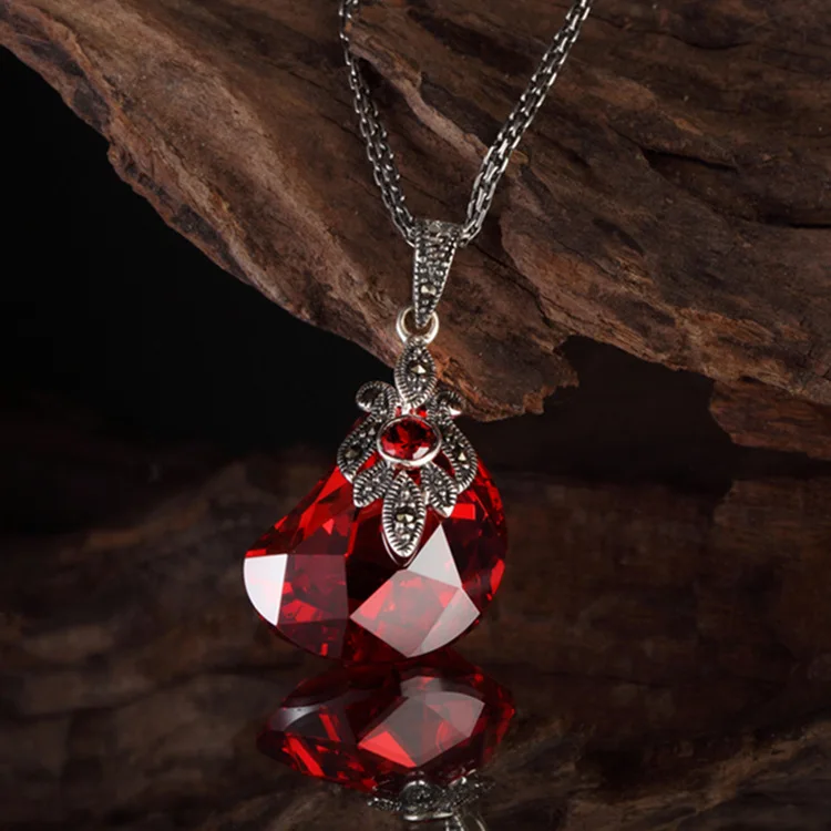 

925 Sterling silver women jewelry irregular geometry red vintage Natural stone water drop shape garnet big Pendant with chain