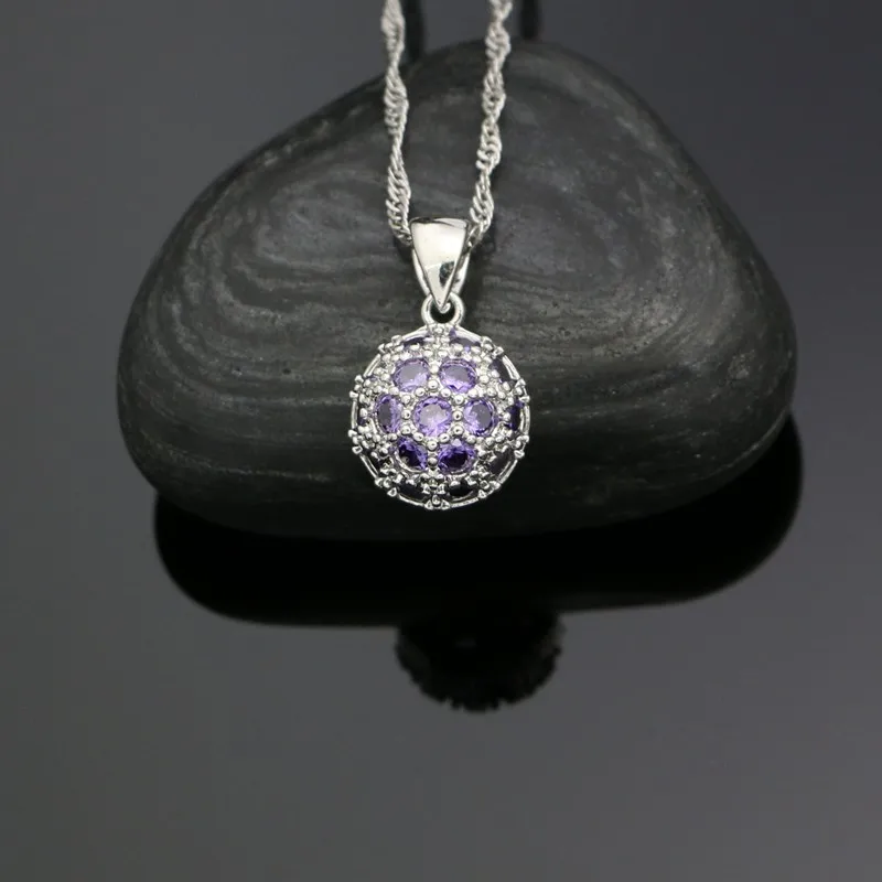 925 Silver Jewelry Sets For Women Football Shape Purple Cubic Zirconia Stud Earrings Pendant Ring Bracelet Necklace Silver Sets