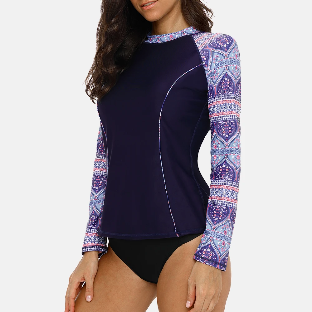 Charmant-garde-éruption à manches longues Floral pour femmes, Top de course à pied, garde-éruption, UPF50 + vêtements de plage géométriques rétro, maillot de bain imprimé