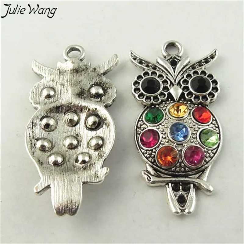 

Julie Wang 8PCS Tibetan Silver Tone Color Base Black Rhinestone Eye Colorful Crystal Decored Owl Shape Cute Animal Pendant Charm