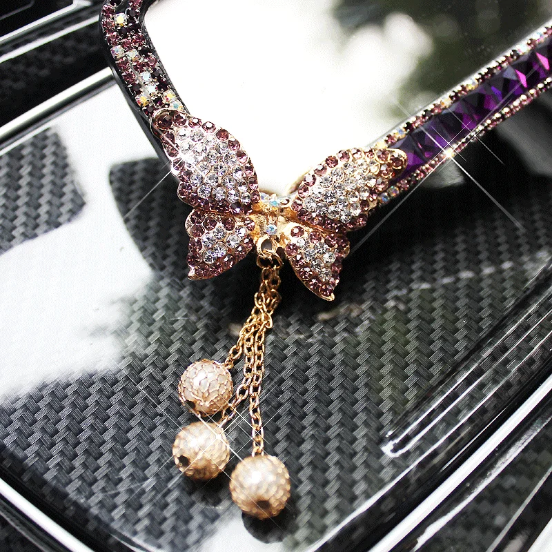 Tassels Crystal Car Interior Rearview Mirror Bling Rhinestones Butterfly Car Mirror Decoration for Girls Lady Auto Accessories