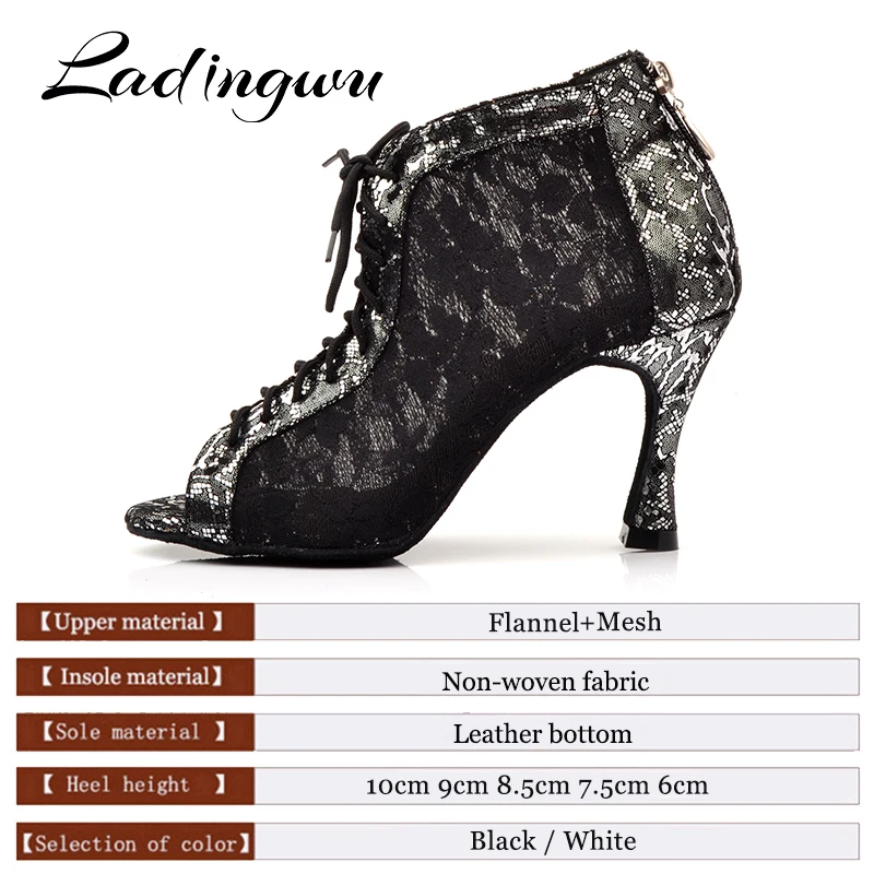 Ladingwu Latin Dance Shoes Wonen Black White Lace Dance Boots Ladies Comfortable Ballroom Paty Dancne Shoes Salsa Shoes Woman