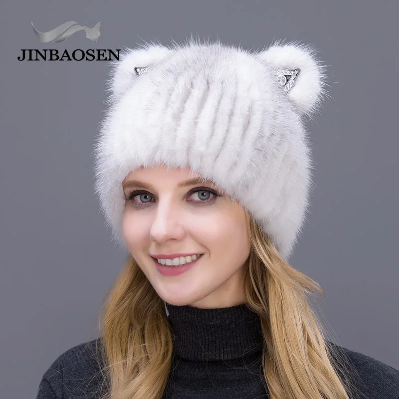 JINBAOSEN Fashion Fur Hat Mink Fur Fox Hat Cat Ears Style Shopping Tourism Winter Ski Hat Fur Cap